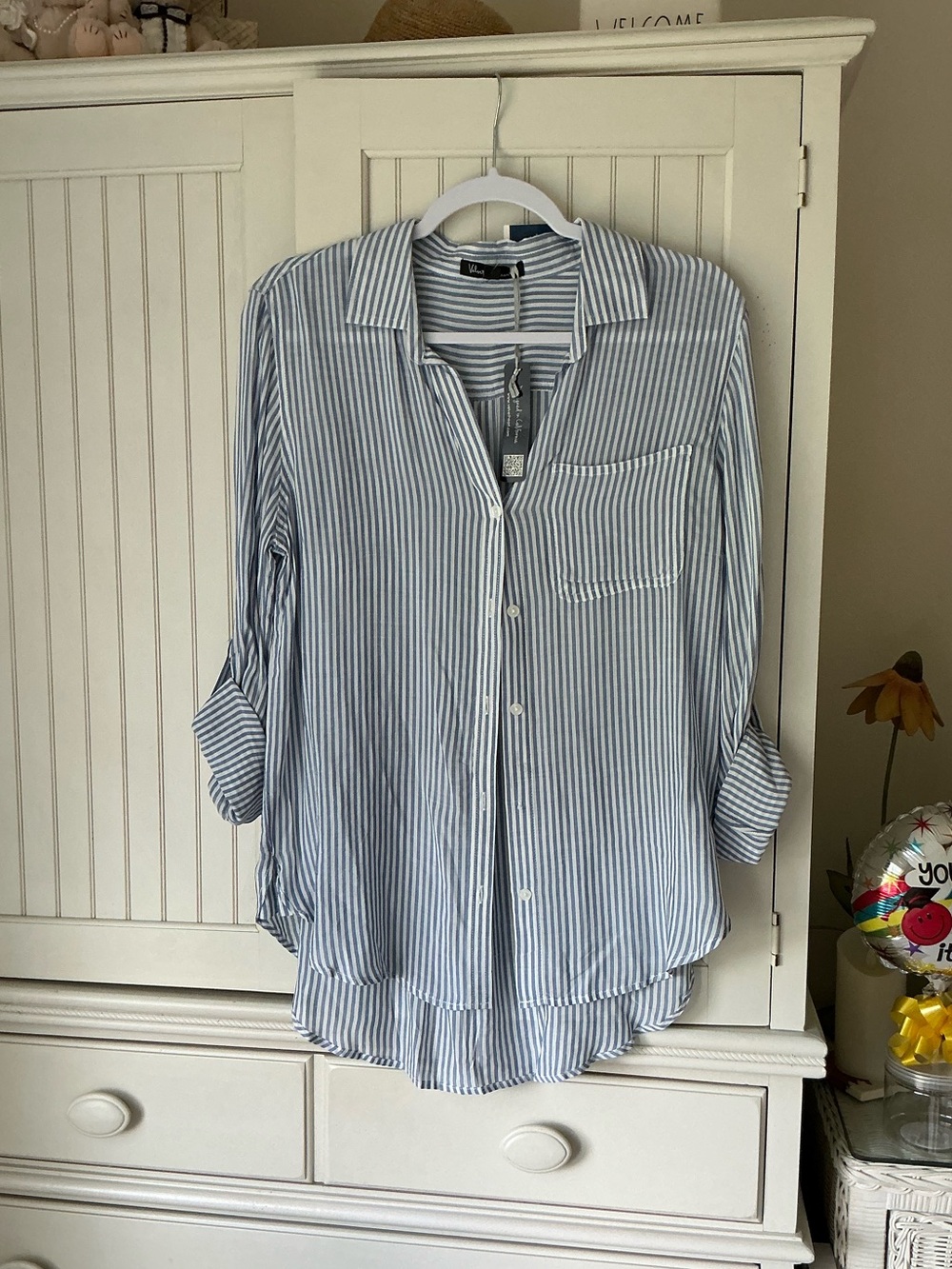 NWT Blue & White Striped Long Sleeve Tunic Length Blouse Shirt ❤️